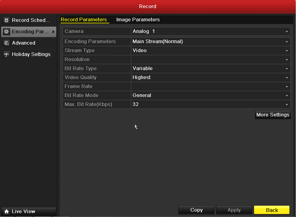 صفحه record- قسمت Recording Parameter