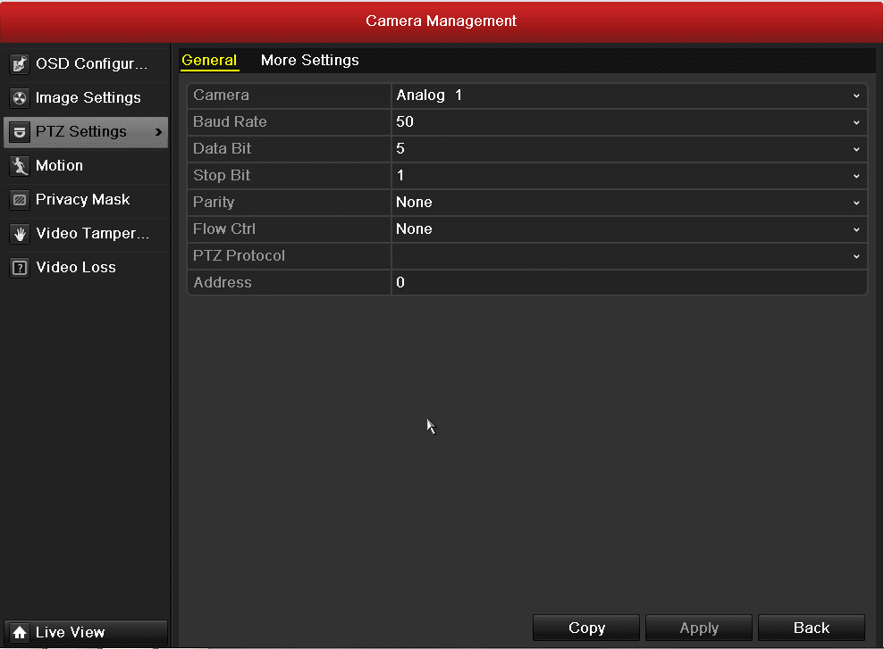 صفحه Camera - قسمت PTZ Setting