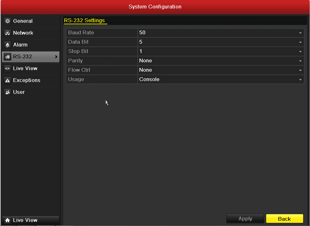 صفحه Configuration - قسمت RS-232