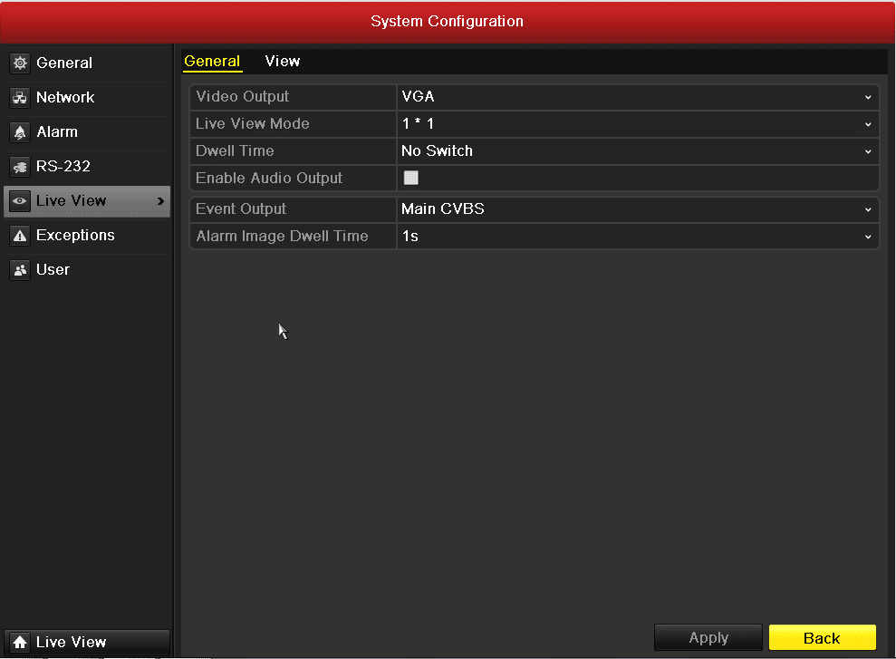 صفحه Configuration - قسمت Live View