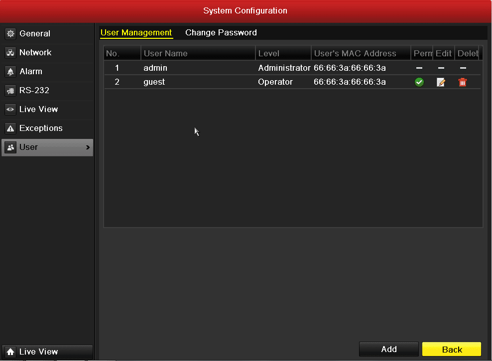 صفحه Configuration - قسمت User